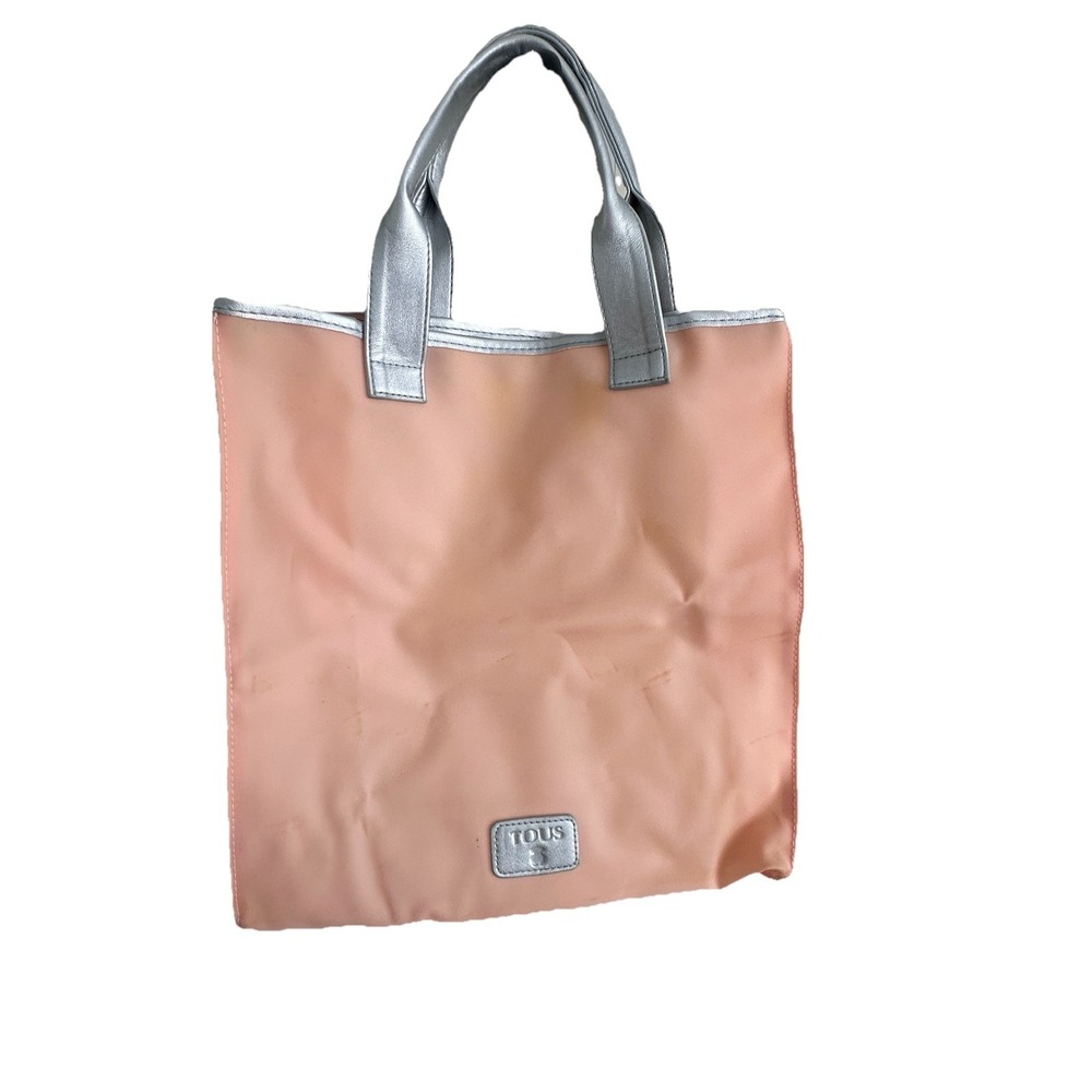 TOUS Peach Silver Tote Bag Shopper Logo Bear Large Shoulder Bag Pvc